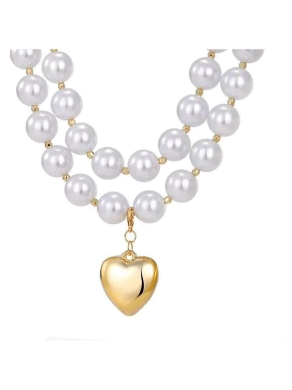 Chunky Pearl Gold Heart Necklace Large Round Bead Layered Necklace